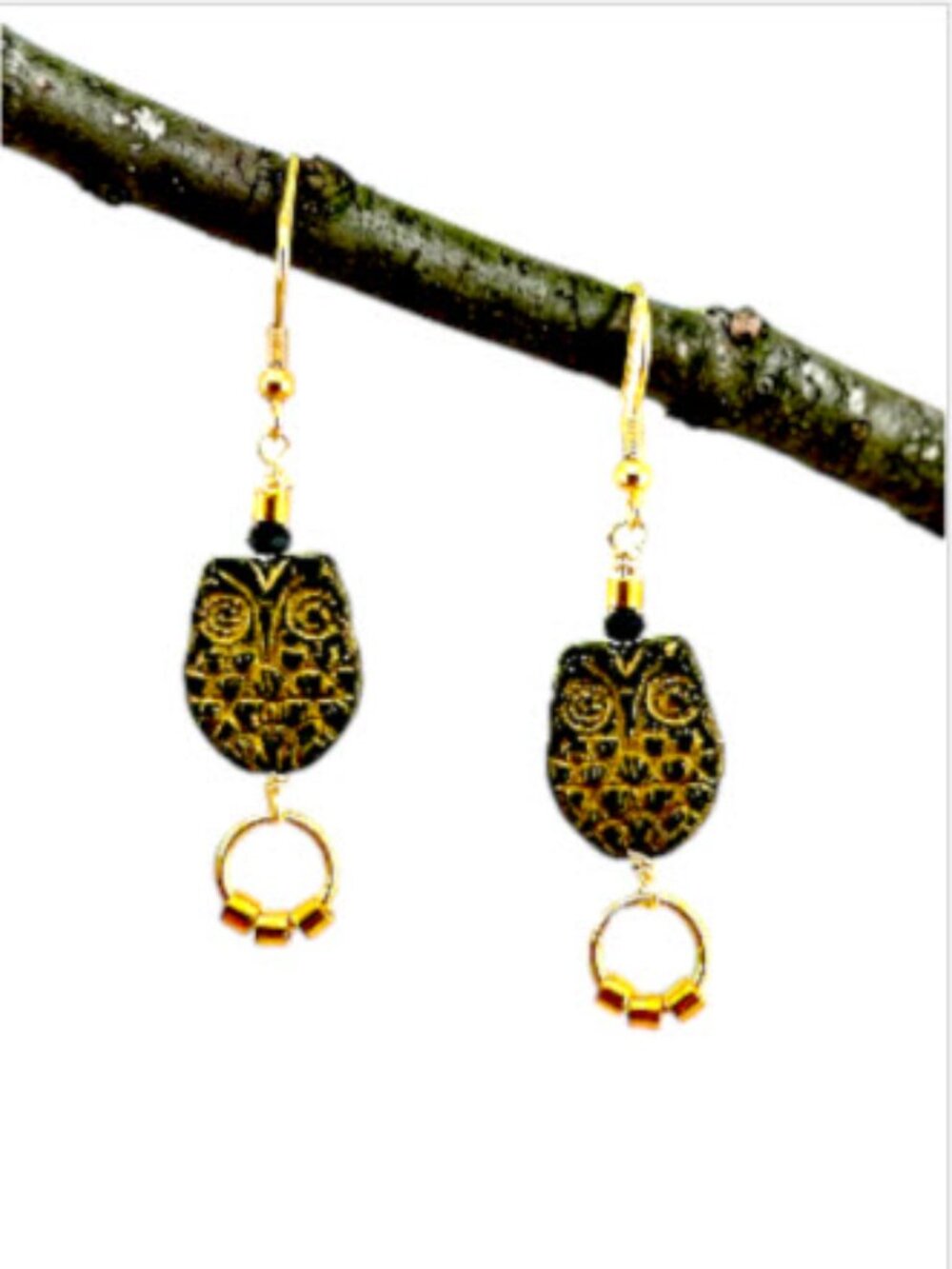 Czech Glass Owl Earrings Black Spinel Gold Plated Dangle Whimsigoth Boho 2.5"